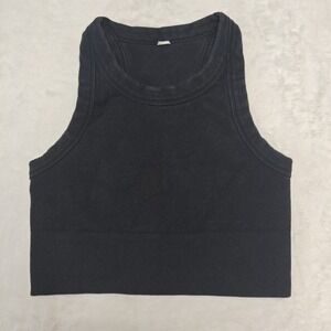 Alo Yoga Sm Round Neck Ribbed Cropped Tank Top Black Wide Strap Thick Sports Bra